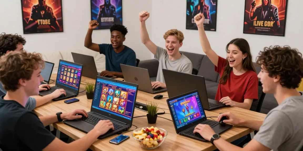 Exciting gaming scene at ROKOK88 showing diverse players enjoying online slots and live casino games