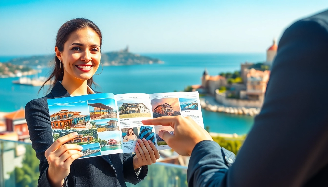 Highlight features of alanya property sale with a real estate agent showcasing diverse properties.