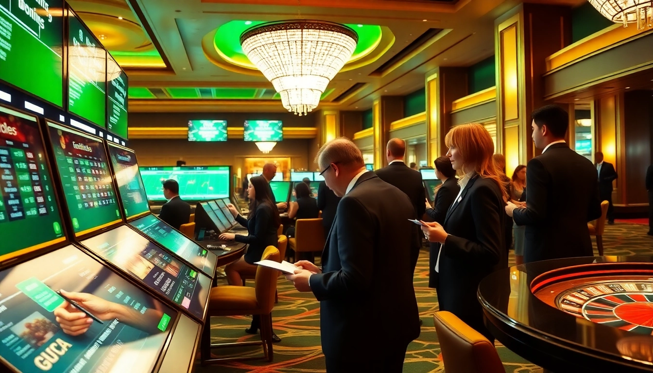 Exciting kèo bóng đá betting scene at a luxurious casino with patrons analyzing odds.
