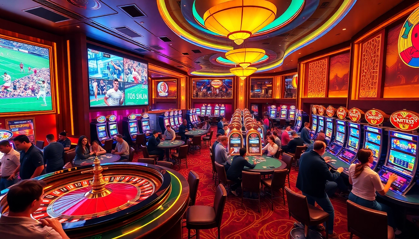 Experience thrilling ดูบอลสด in a luxurious casino atmosphere filled with excited gamblers and vibrant gaming tables.