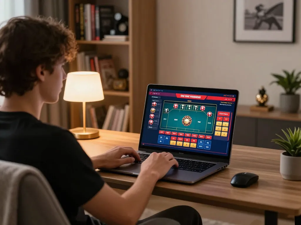 Engaging in online casinos Canada gameplay on a laptop, showcasing a roulette game interface and cozy home environment.