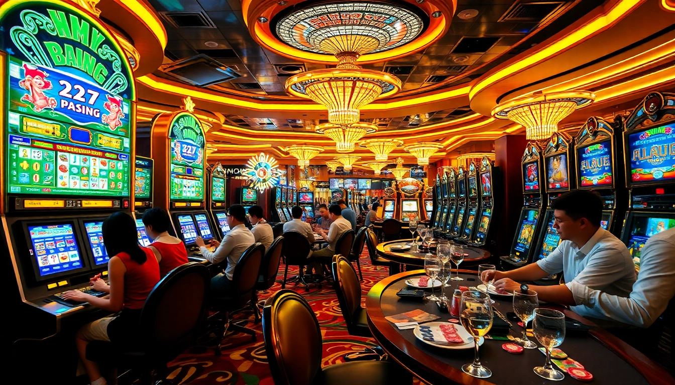 Nổ hũ excitement at a luxurious casino featuring vibrant slot machines and celebrating players.
