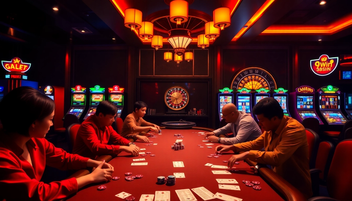 Gaming table action at 98win casino with colorful chips, cards, and exciting atmosphere.