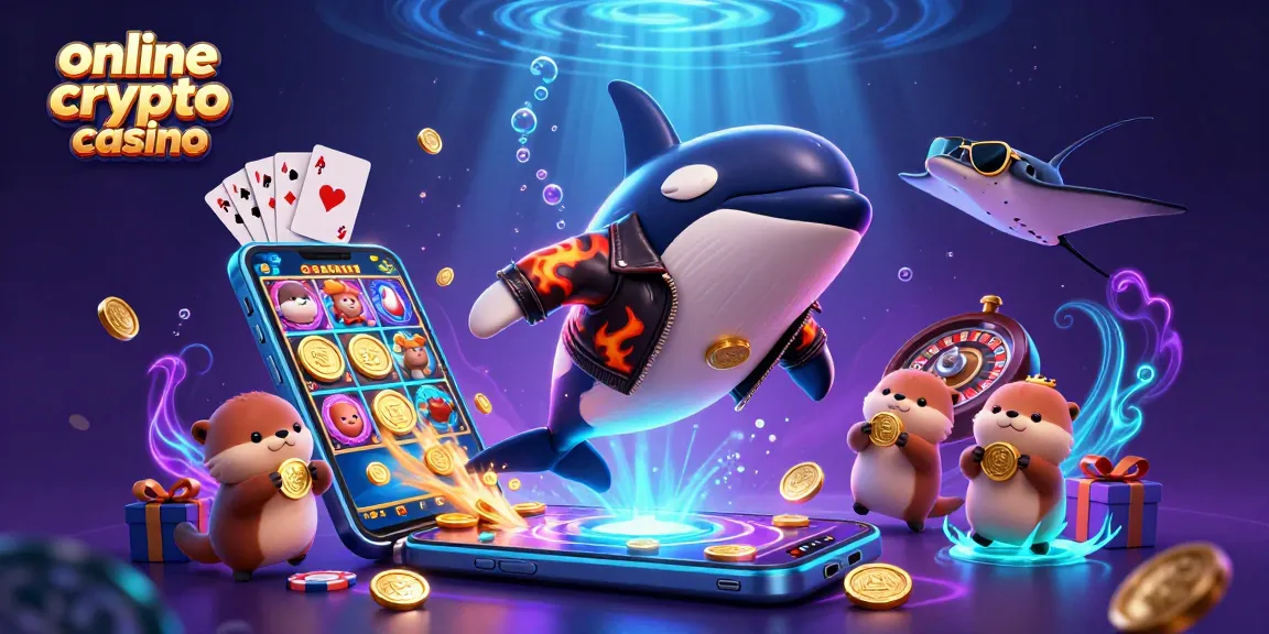 Gioca e vinci nel miglior casinò crypto online, con orca motociclista e addetti ai giochi fluttuanti.