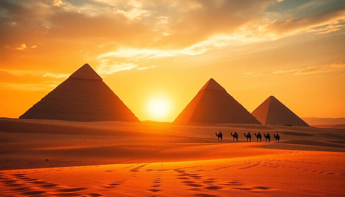 Visual of the pyramids at sunset, showcasing their grandeur and inviting exploration of piraminds.