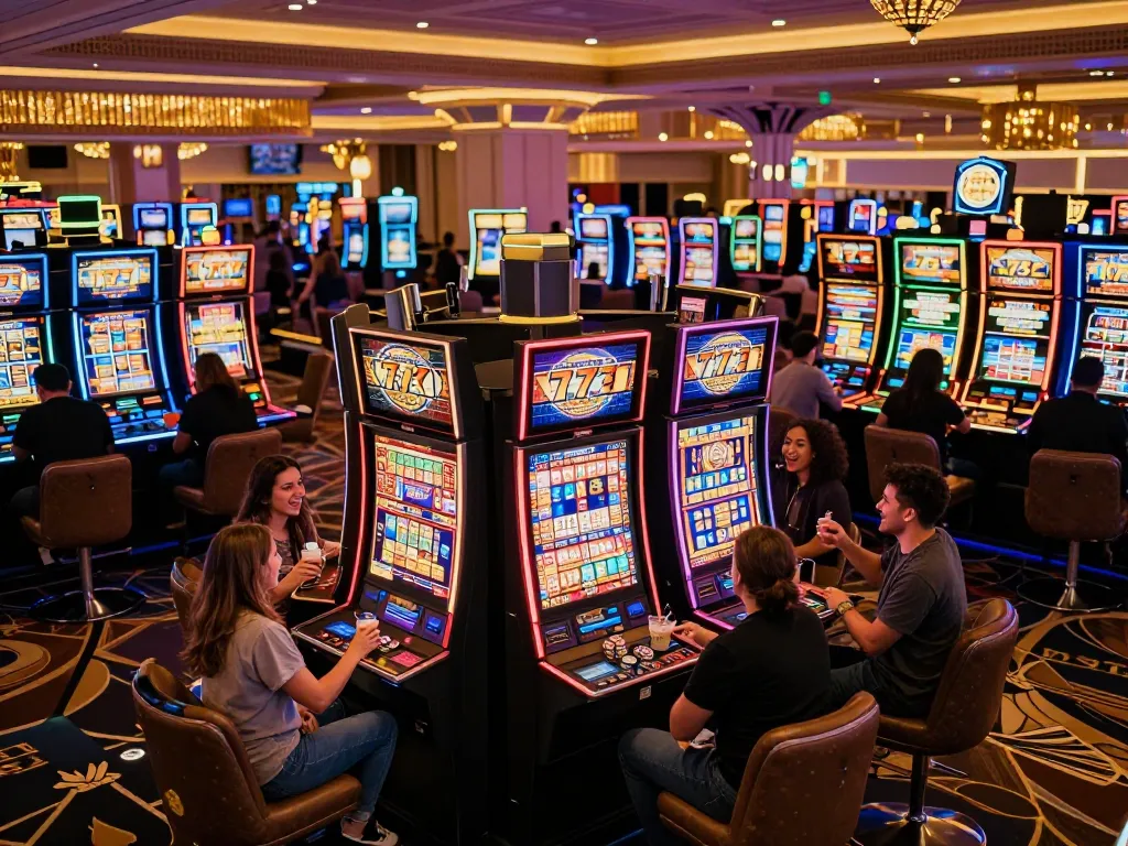 Players enjoying an exciting win at the slot777 machine in a vibrant Las Vegas casino atmosphere.