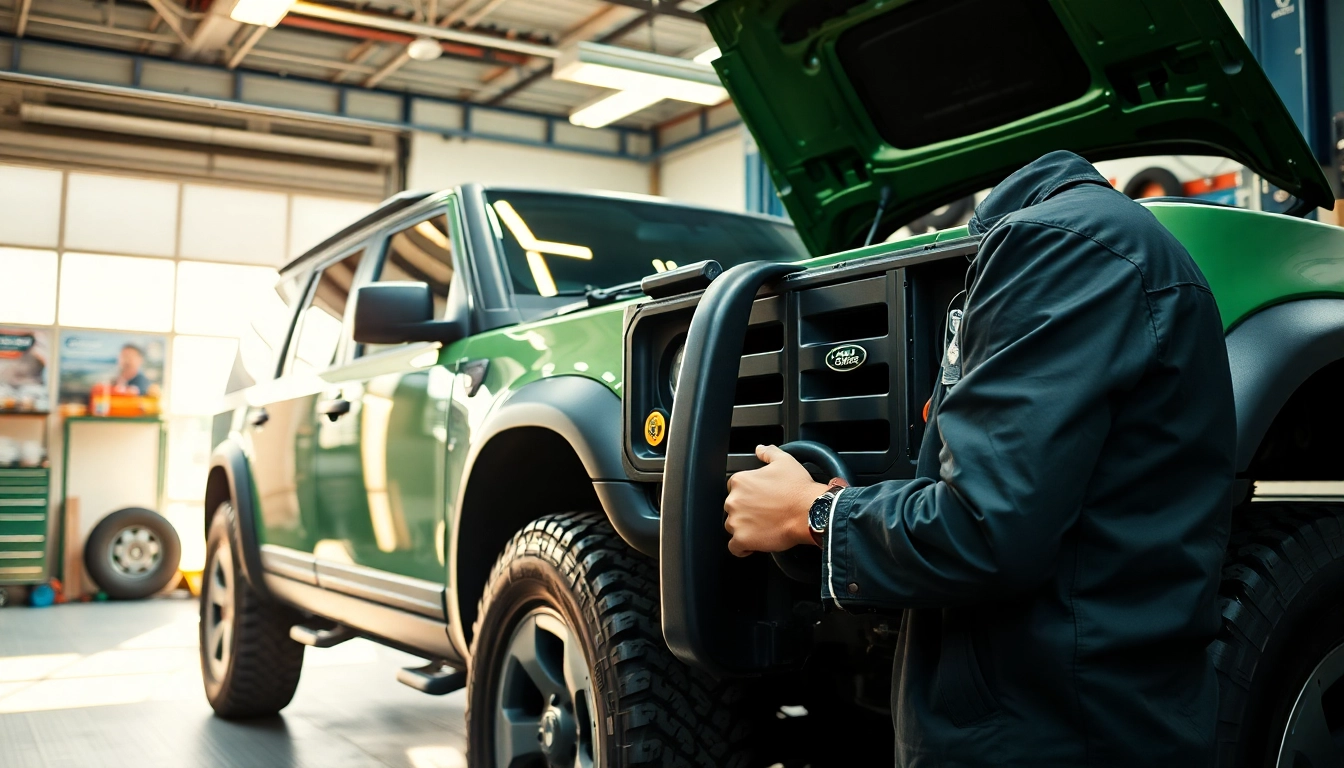 Kinghams mechanic performing repairs on a Land Rover in a clean, organized garage.