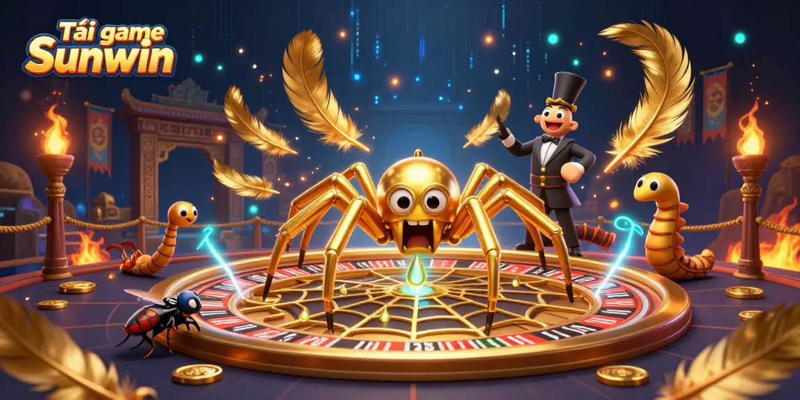 Engage with Tải game Sunwin as a golden spider spins a roulette wheel web in a dynamic casino scene.