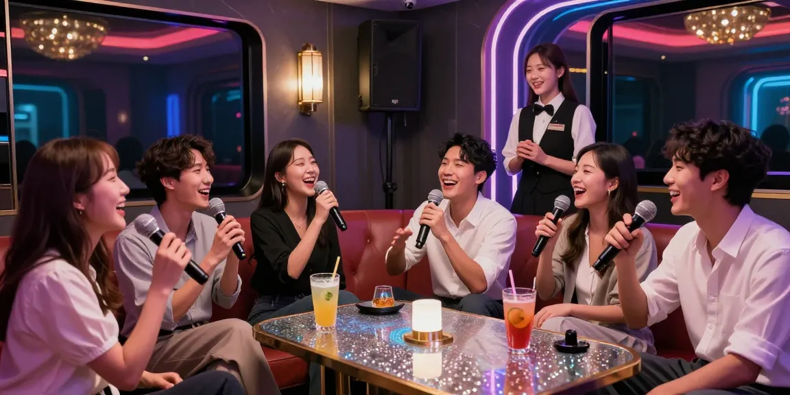 강남 가라오케에서 친구들과 함께 즐거운 시간을 보내는 모습, 고급 음료와 세련된 인테리어가 돋보임