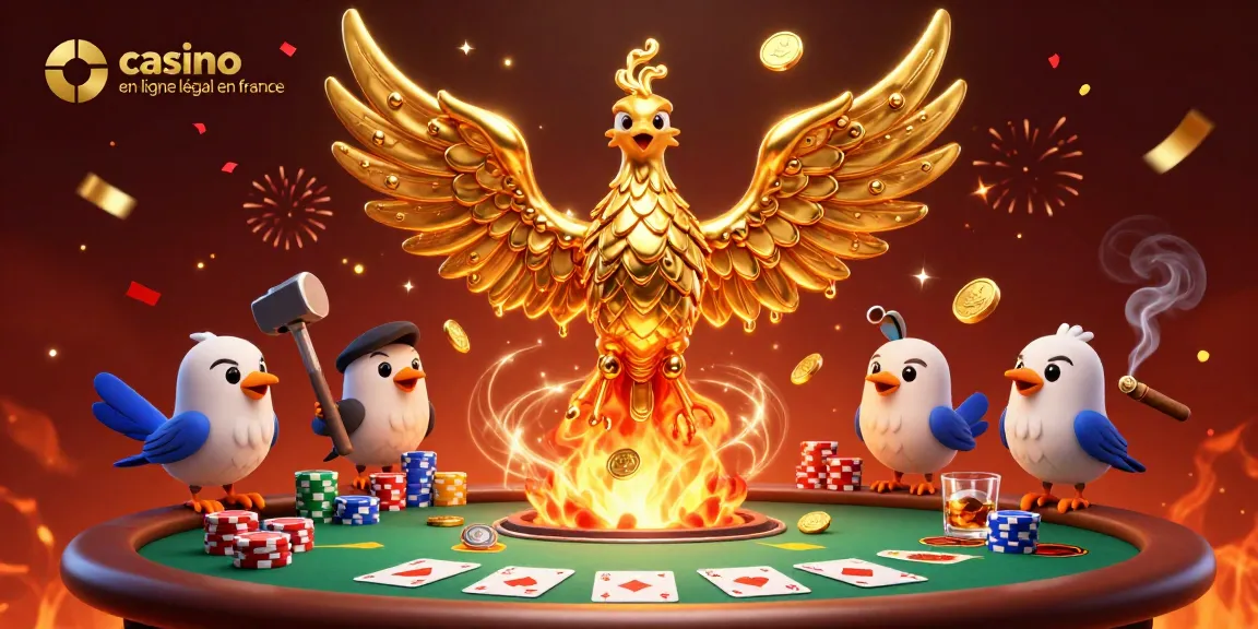 Jouez sur un casino en ligne légal en France avec des phoenix et des éléments de poker dans une scène festive.