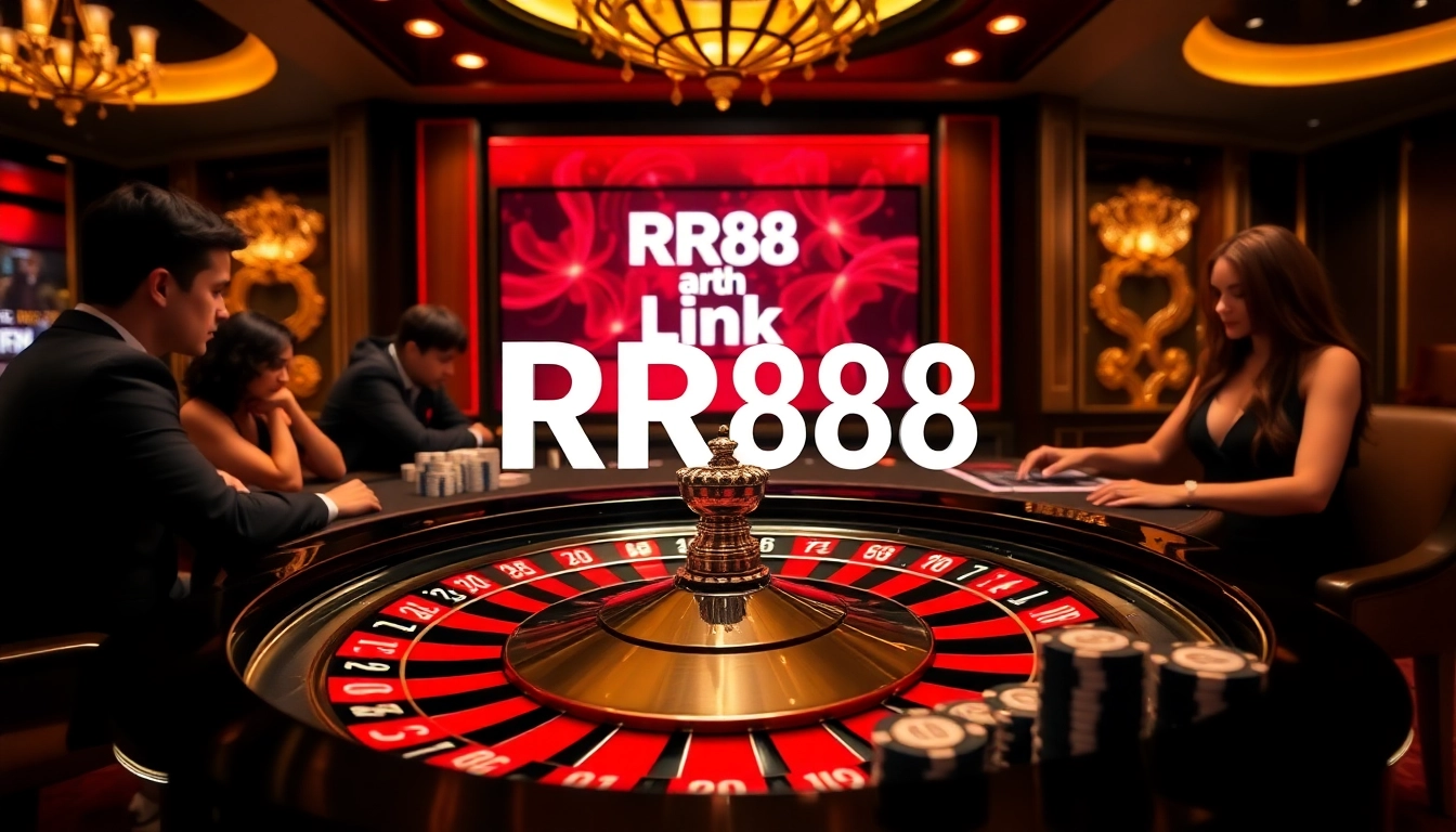 Experience the excitement of RR88 link at a luxurious casino with poker chips and a roulette wheel.