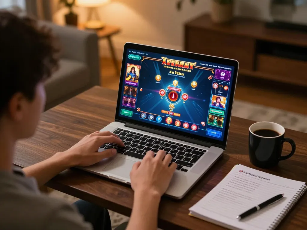 Engaging online gambling session showcasing 789 win gameplay on a laptop with strategy notes nearby