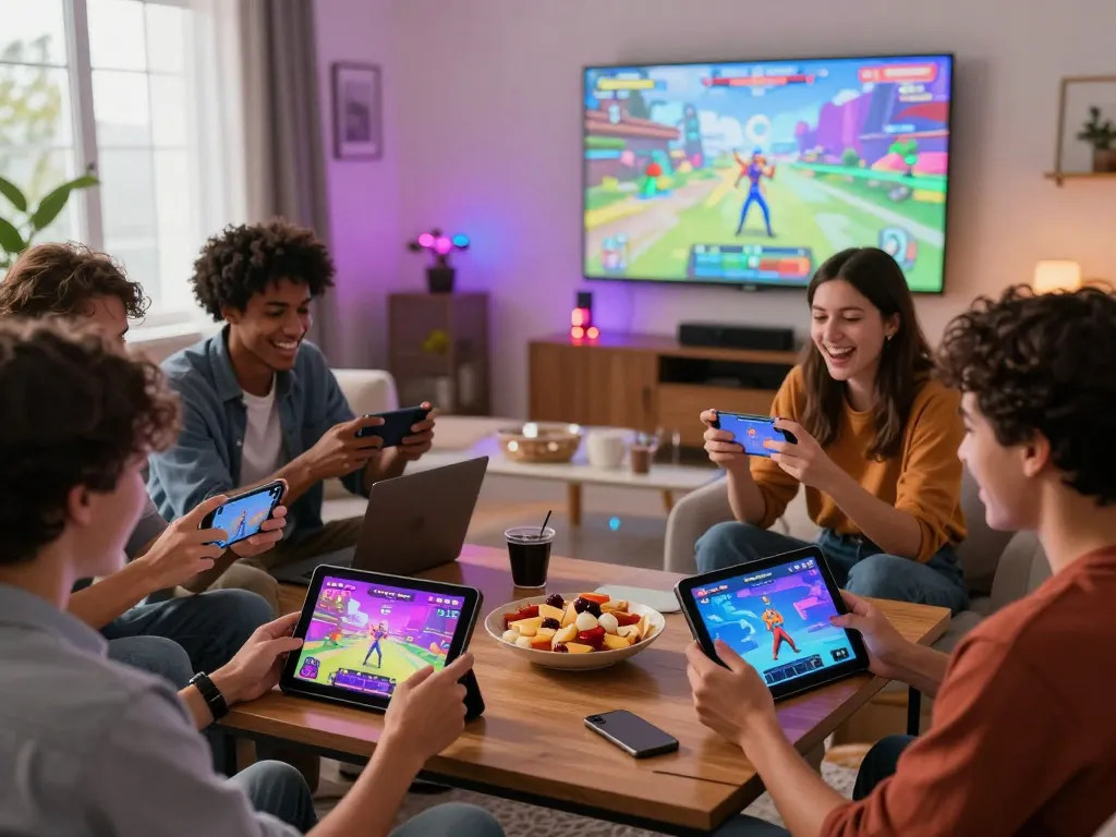 Young adults enjoying hitclub gaming on multiple devices in a vibrant living room.