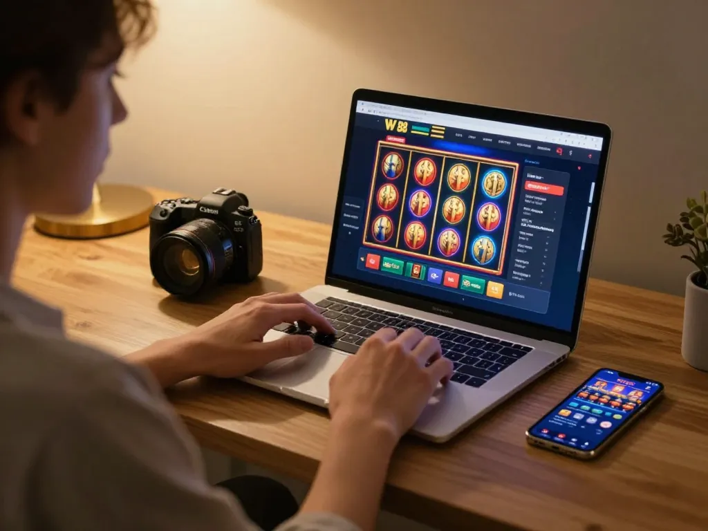 Player enjoying the W 88 online casino on a laptop, engaging with exciting gaming options.