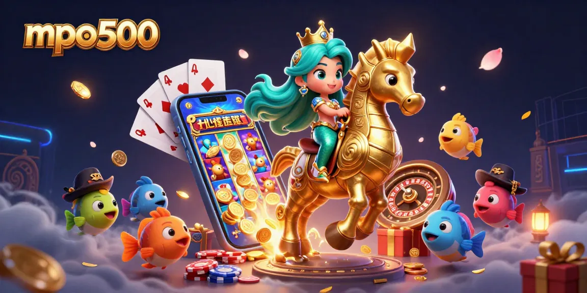 Spin slots at mpo500 with a mermaid and seahorse amidst dazzling casino elements.