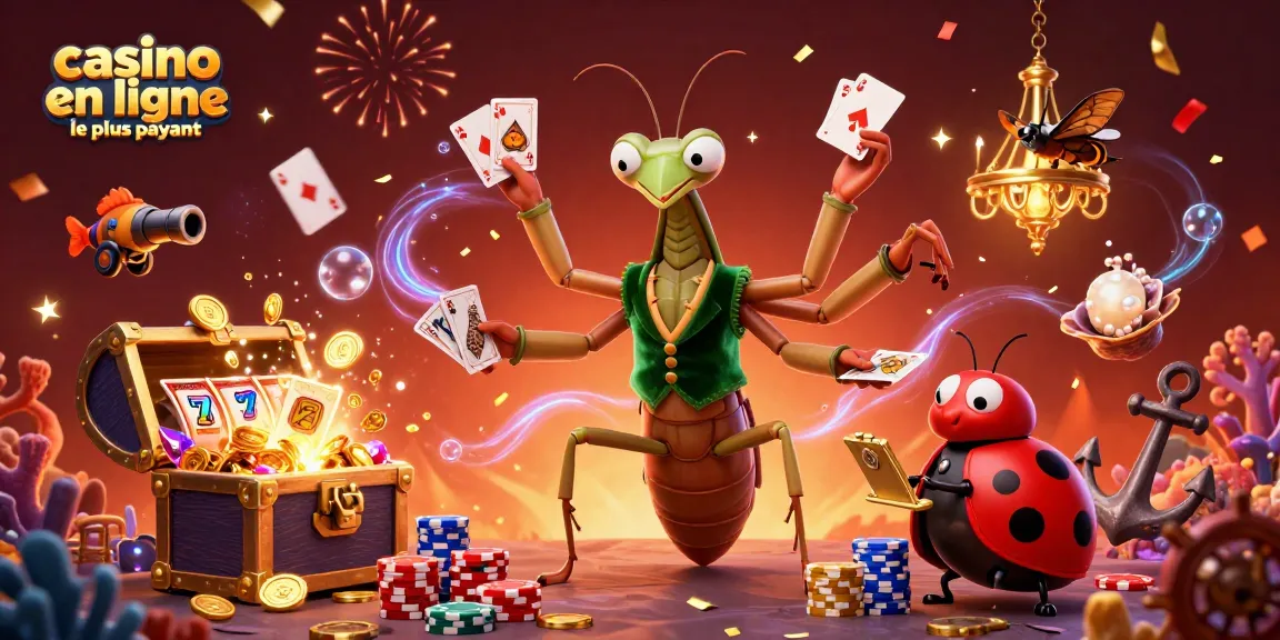 Illustration de casino en ligne le plus payant avec un caméléon distribuant des cartes et des jetons dans un décor vibrant.