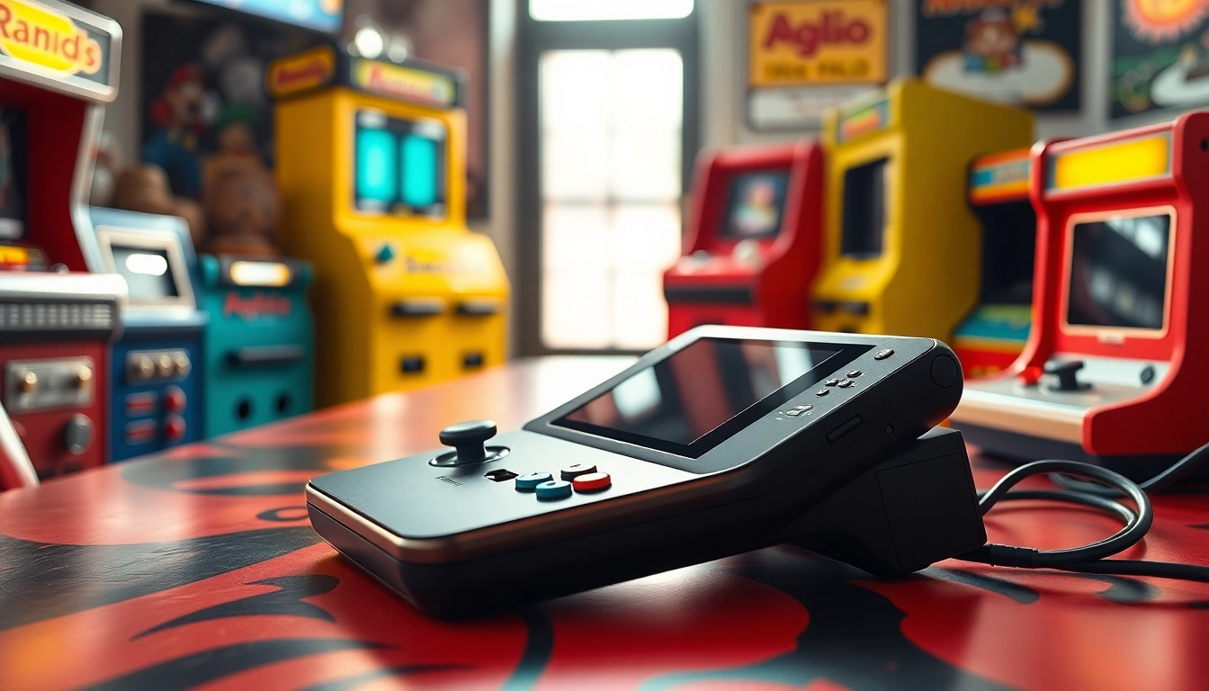 R36s Retro Game Handheld showcased against vibrant arcade background.