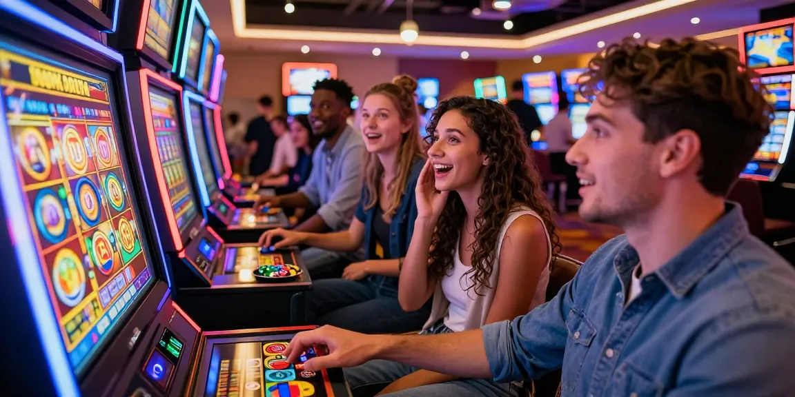 Excited players engaging with a slot bonus feature in a lively casino atmosphere.