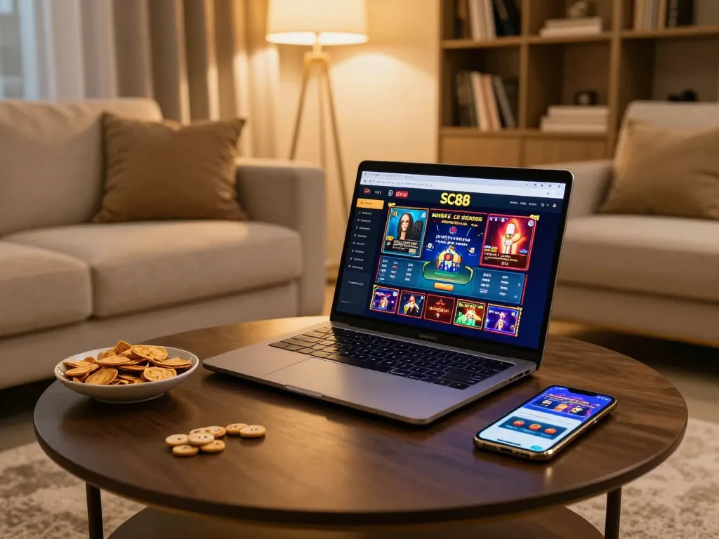 Explore engaging gameplay on SC88 COM with a stylish home gaming setup featuring a laptop and smartphone.