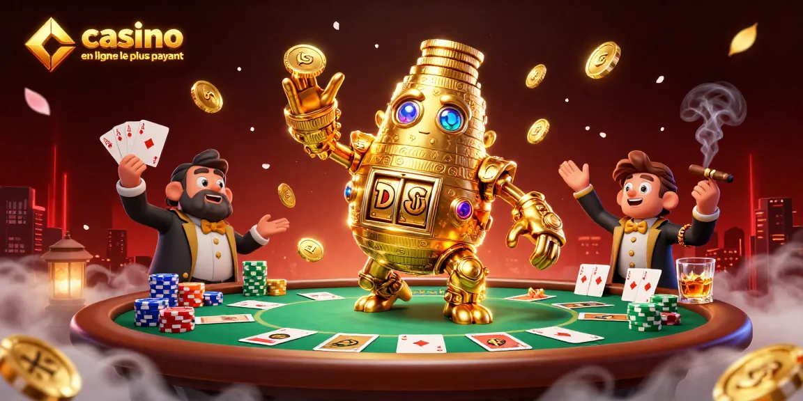 Illustration dynamique de casino en ligne le plus payant avec un golem doré et des éléments de poker.