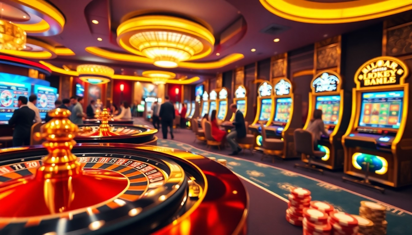 Players enjoying the dynamic gaming experience at lucky88, highlighted by poker chips and a roulette wheel.