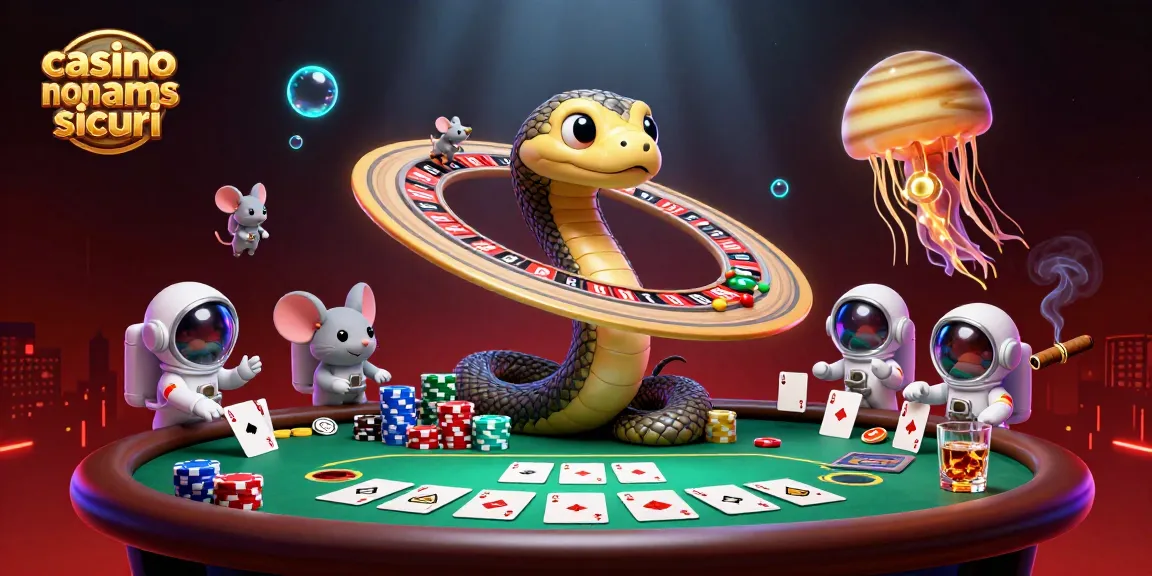Giocatori esplorano i casino non AAMS sicuri con un'illustrazione fantasiosa, scommettendo alle slot e alla roulette.
