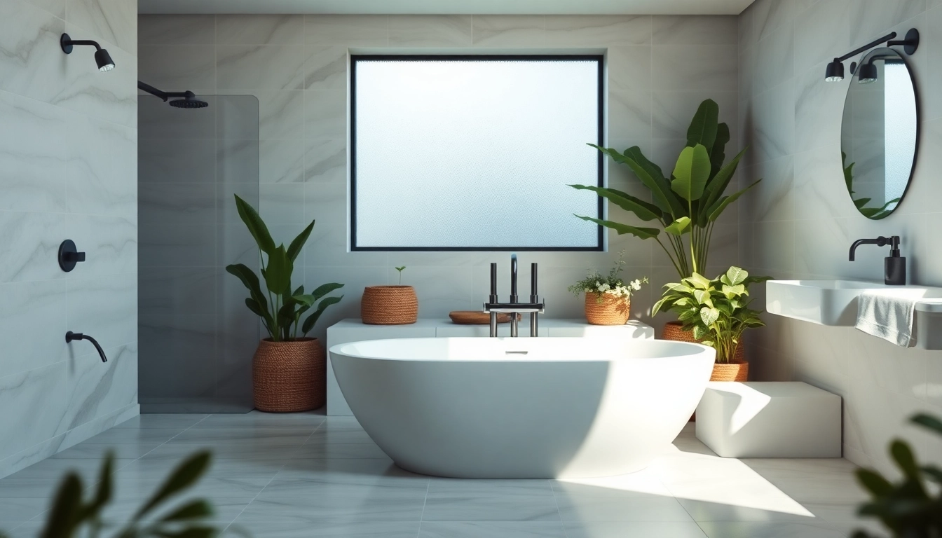 Elegant bath renovations showcasing a freestanding bathtub with modern fixtures and natural elements.