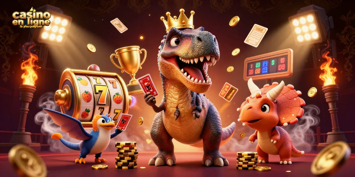 Visuel d'un T-Rex tentant de jouer aux cartes au sein d'un casino en ligne le plus payant, entouré de jetons et de jeux.