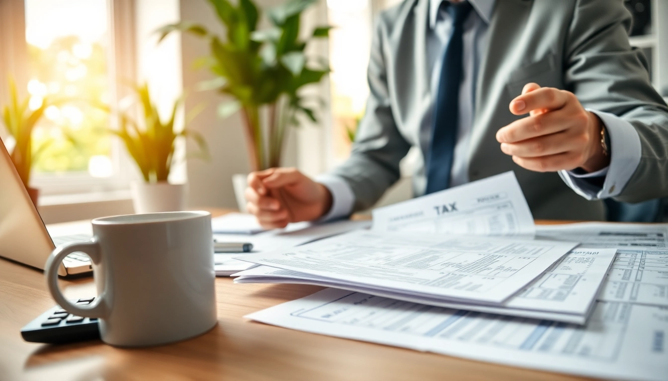 Analyze taxes with a professional accountant amidst organized documents and tools.