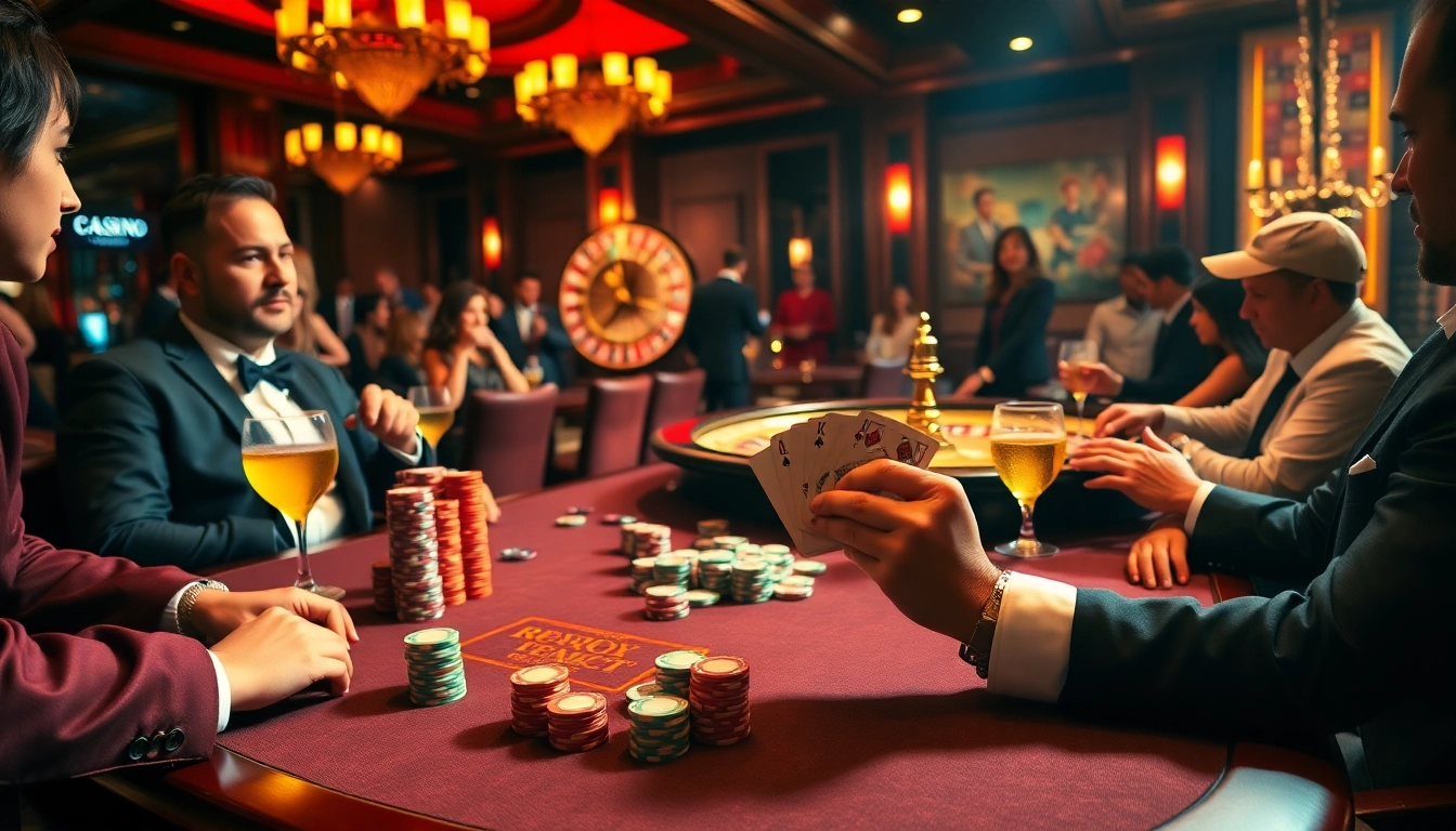 Vivez l'excitation du casino en ligne alors que les joueurs s'engagent à une table de poker avec des jetons colorés et une roulette.