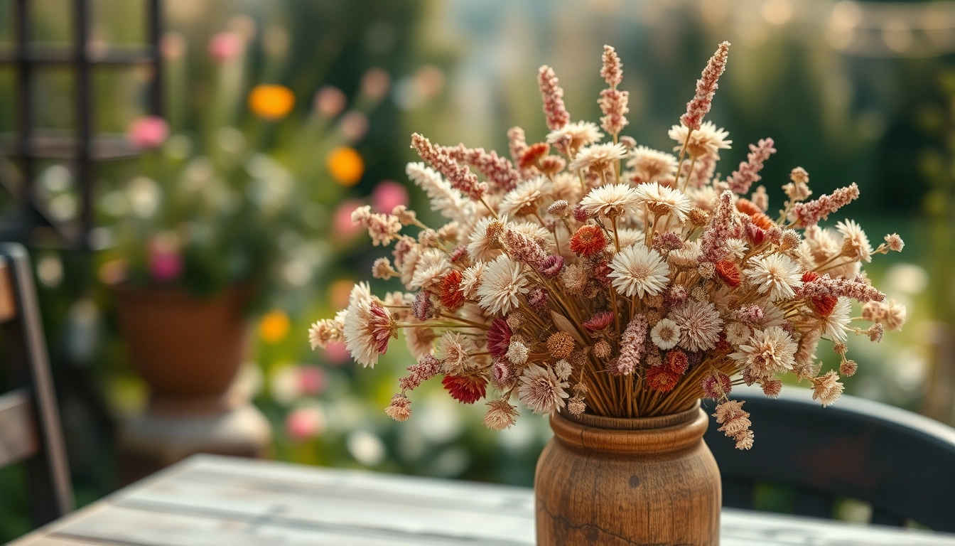 Beautiful dried flowers arrangement in a rustic vase showcasing unique textures and colors.