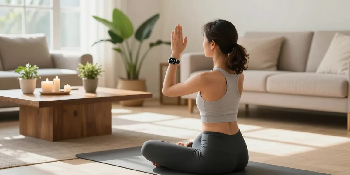 Pengguna https://www.polarfitbitshop.com/fitbit-luxe/ sedang berlatih yoga di ruang tamu yang tenang dengan arloji Fitbit Luxe terlihat di pergelangan tangan.