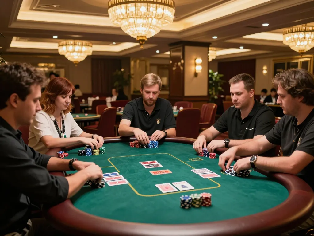 Engaging poker game at TG88 casino, players in action, strategic bets being placed, warm atmosphere.