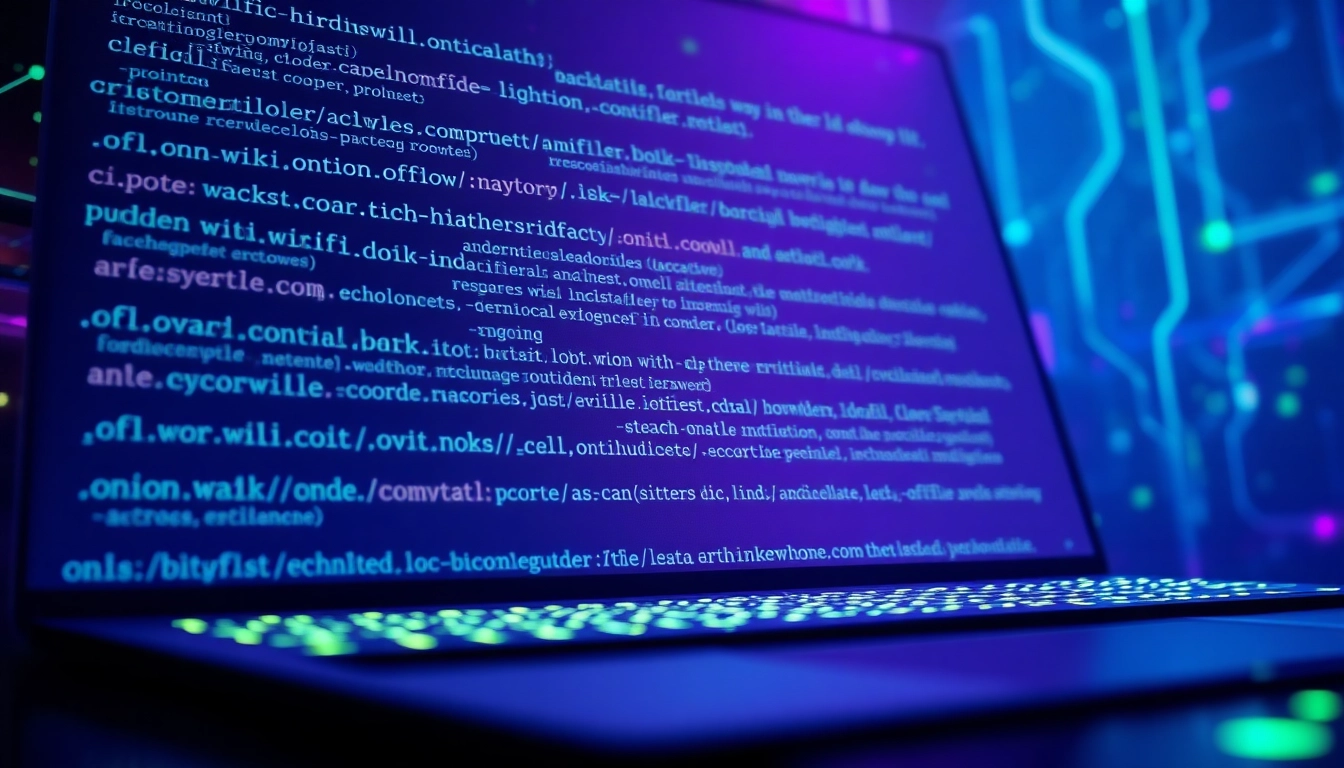Explore the hidden wiki directory interface on the dark web, showcasing various .onion links and digital elements.