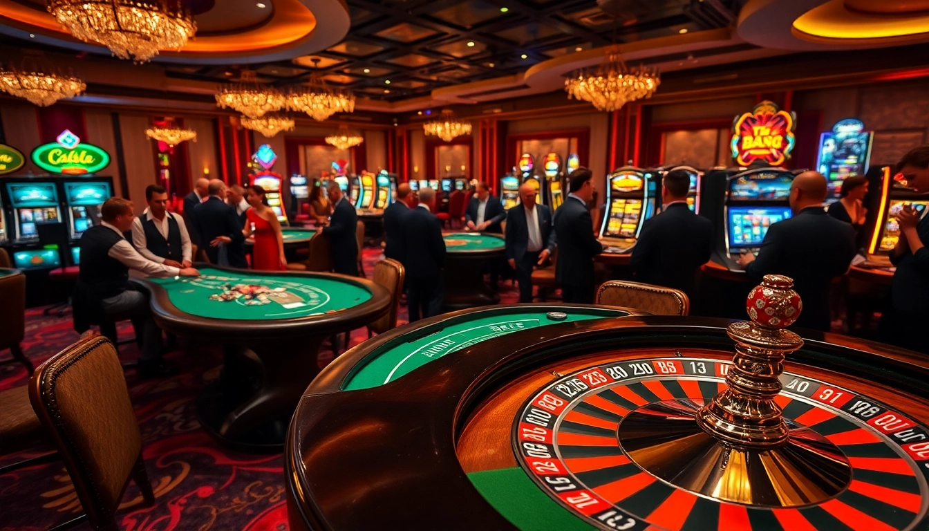 X88 tours gaming excitement at a luxurious casino with players and slot machines.