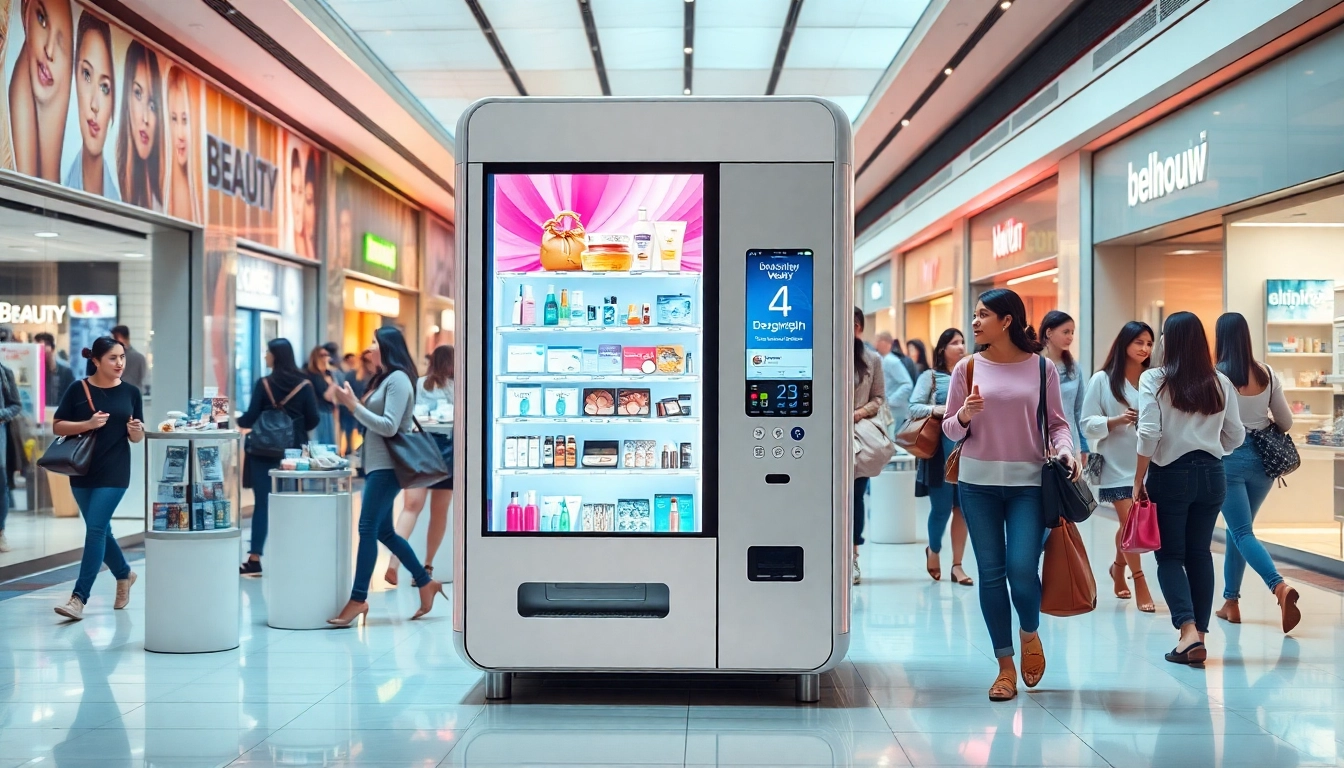 Beauty vending machines for sale showcasing vibrant beauty products in a modern shopping mall setting.