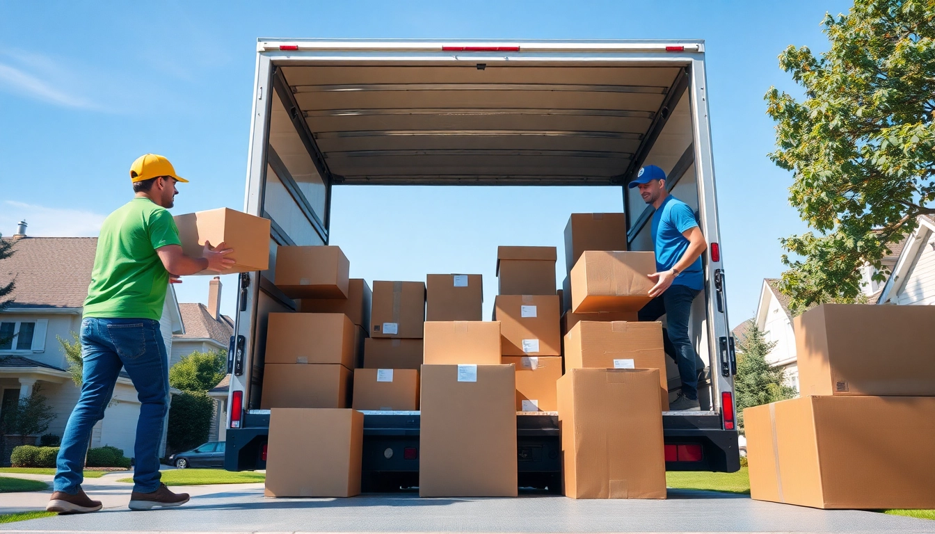 Residential moving professionals efficiently loading boxes into a truck on a sunny day.