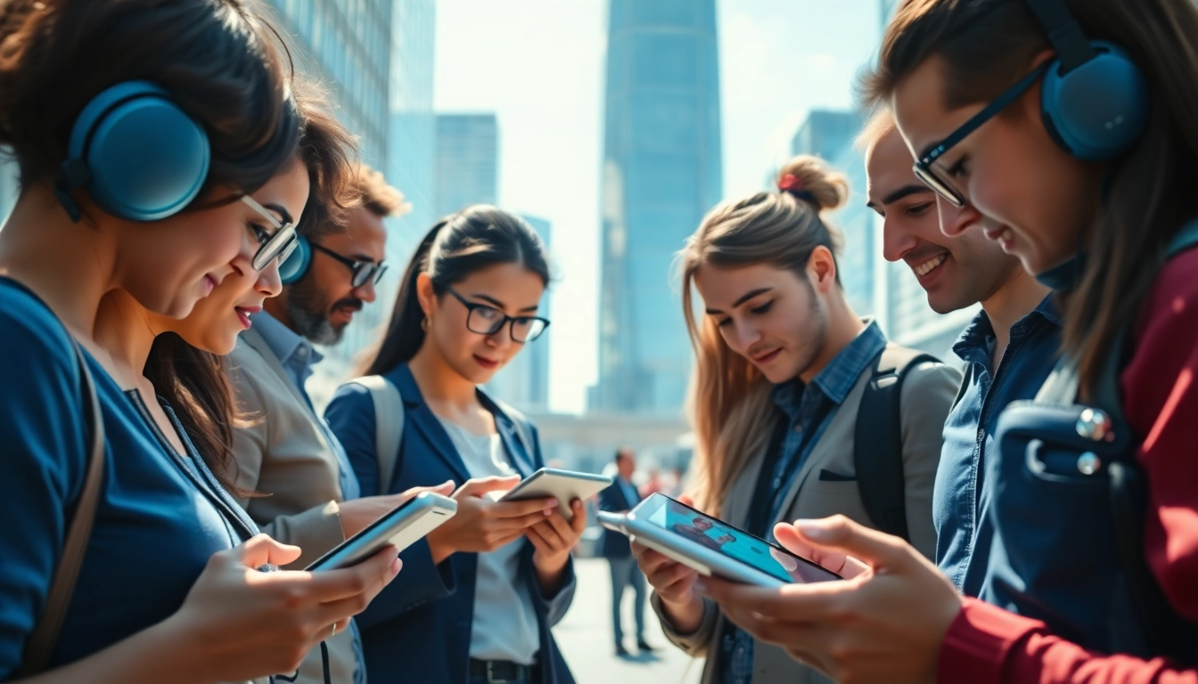 Engaged individuals utilizing advanced Technology in a modern urban setting.