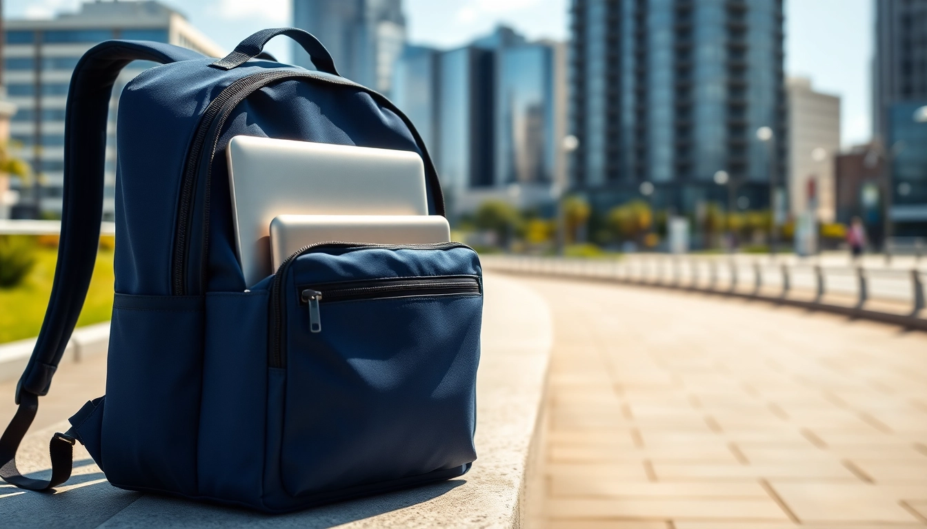 Wasserdichter Rucksack Laptop für Damen und Herren mit modernen Funktionen in einer urbanen Umgebung