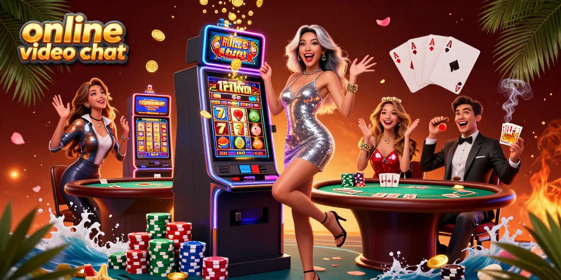 Experience online video chat while celebrating a jackpot win in a vibrant casino scene.