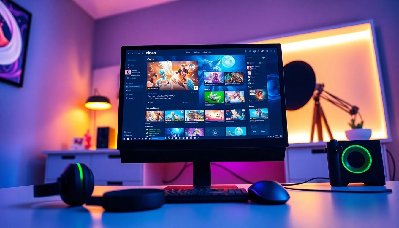 Engaging gaming experience on Okwin platform showcasing vibrant visuals and modern gaming gear.