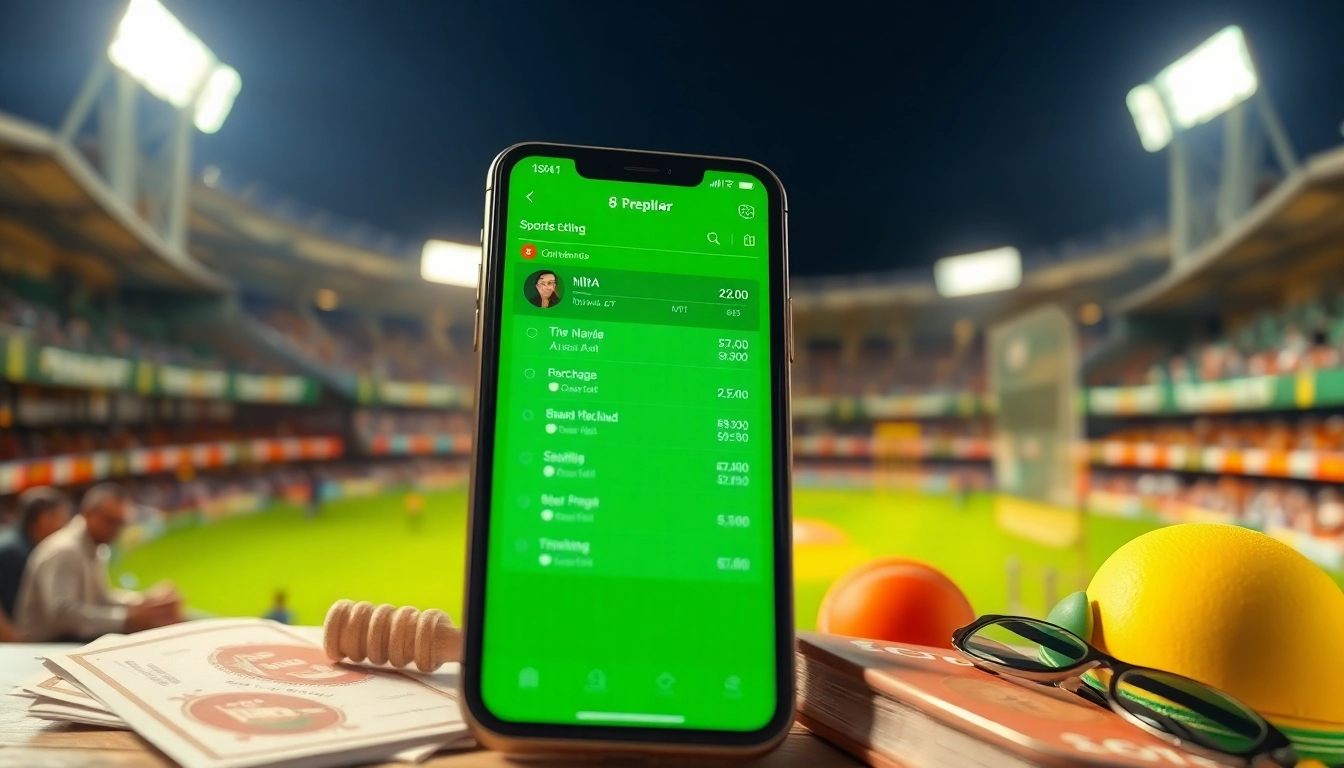 Engaging scene of sports betting in India featuring a smartphone app displaying odds amidst cricket elements.