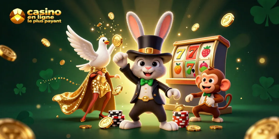 Une illustration 3D de casino en ligne le plus payant avec un magicien, un oiseau et un singe, entourés de pièces d'or et de machines à sous.