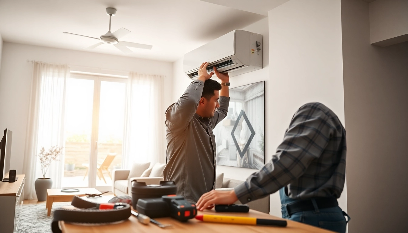 Install ductless mini-split installation, showcasing an HVAC technician amid a modern home.
