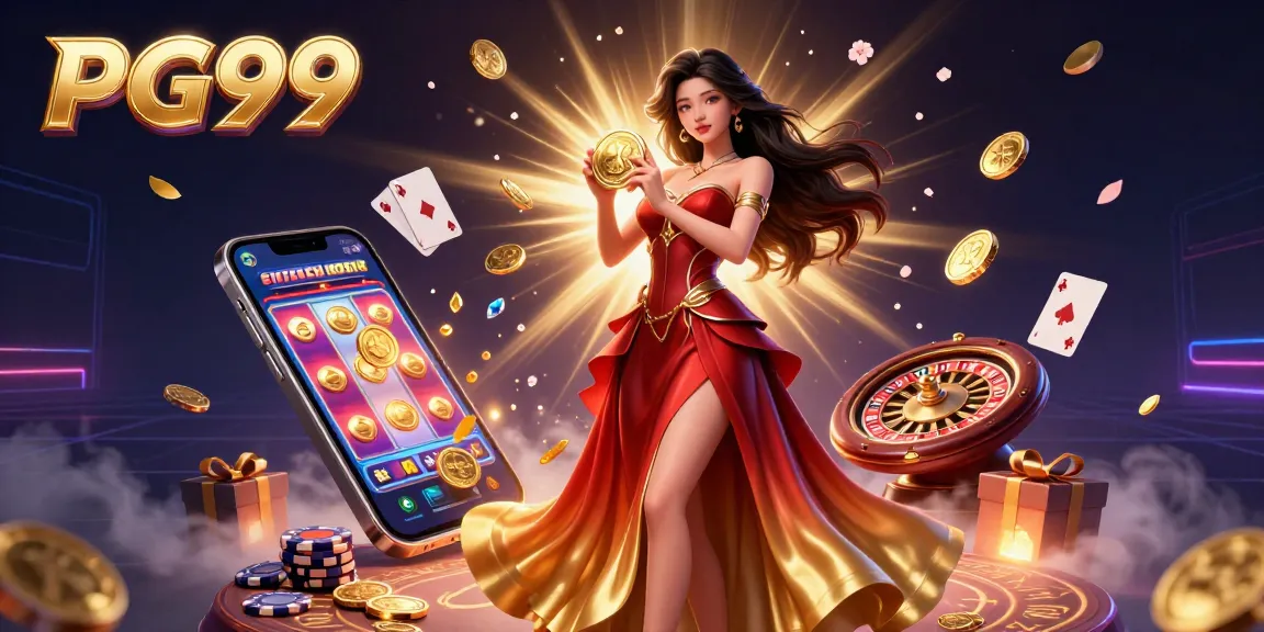 Experience the thrill of PG99 with golden coins and dynamic slot games in a festive casino scene.