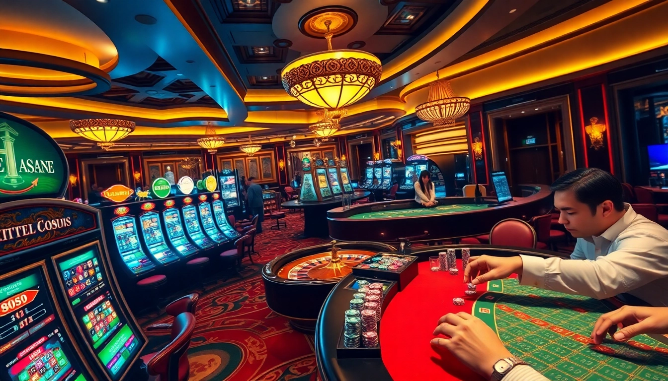 Players enjoying an energetic casino experience at km888, featuring vibrant tables and slot machines.