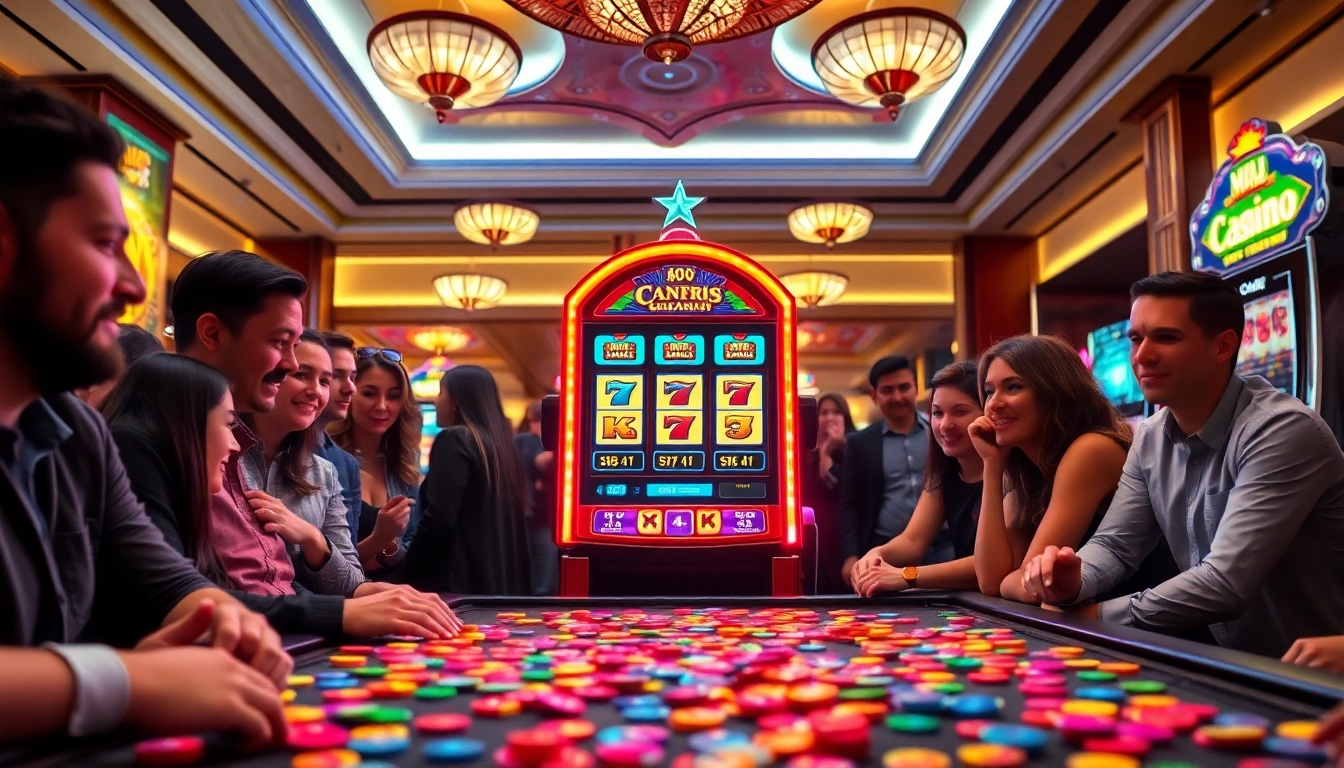 Permainan slot gacor yang seru dengan pemain bersemangat dan hiasan kasino bercahaya.