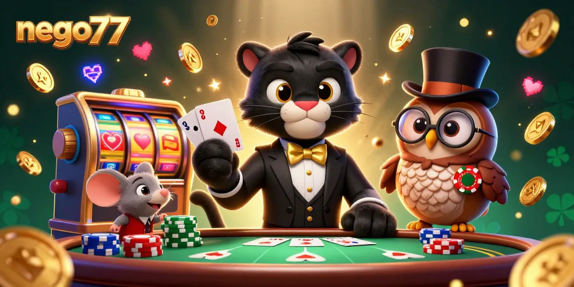 Nego77's engaging casino scene featuring a stylish panther, wise owl, and lucky mouse playing cards, amidst dynamic slot reels and vibrant cash.