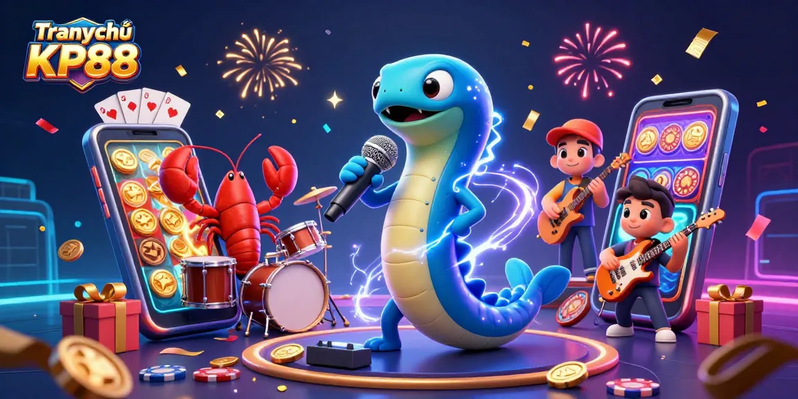 Experience winning with Trang chủ KP88 illustrated by vibrant 3D casino characters and gaming elements.