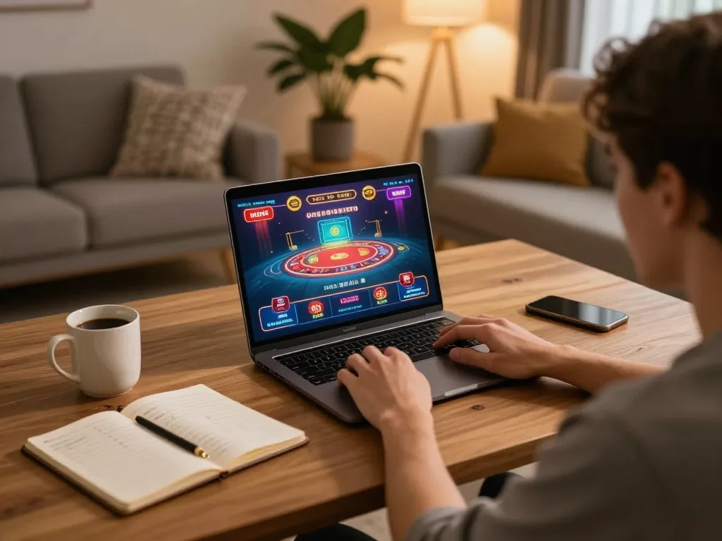 Enjoying online gaming at https://mm88.blog/ with a laptop in a cozy home environment, displaying vibrant casino action.